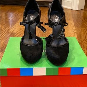 Black calf hair tasseled covered platform heels